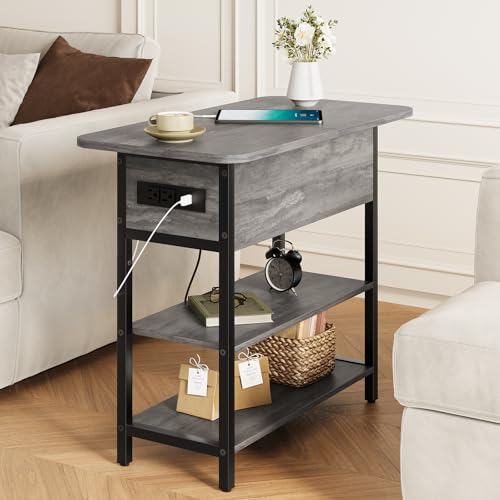 Yoobure End Table with Charging Station, Flip Top Side Table with USB Ports and Outlets, Sofa Couch Table Bedside Table for Living Room Bedroom, Narrow Nightstand with Shelves for Small Space Gray - color: Grey