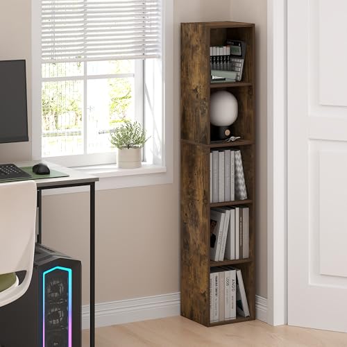 Furinno Fulda Book Shelf, 5-Tier Tall Narrow Bookshelf, Standing Bookcase with 10-in Width Storage Shelf, 9.3 x 9.8 x 51.9, for Organization Storage, for Living Room, Bedroom, Home Office, Amber Pine - color: Amber Pine, size: 5-Tier, 10W