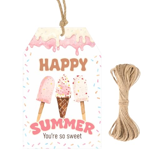 G2PLUS Summer Gift Tags with String - 50Pcs Happy Summer Tags Ice Cream End of School Year Teachers Appreciation Hanging Label for Gift Wrapping, Classroom Treat Bags, Party Favors - style: Ice Cream Happy Summer