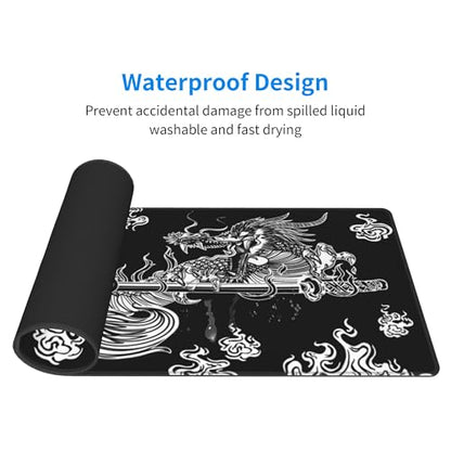 Japanese Dragon Large Gaming Mouse Pad for Desk, Black Mouse Pad Gaming Mouse Mat Desk Pad, Non-Slip Base Computer Pad Keyboard Mat, 31.5x11.8in XL Mousepad with Stitched Edge for Home Office - color: Japanese Dragon