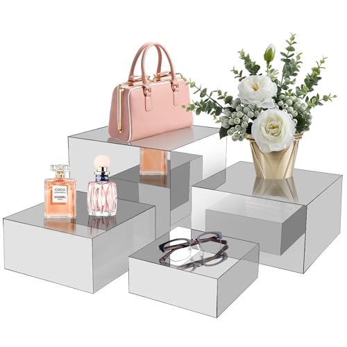 4Pcs Acrylic Risers Display Stands, Food Risers for Buffet Table, Acrylic Cube Mirror Risers for Catering Dessert, Jewelry Collectibles Party, Silver - color: Silver