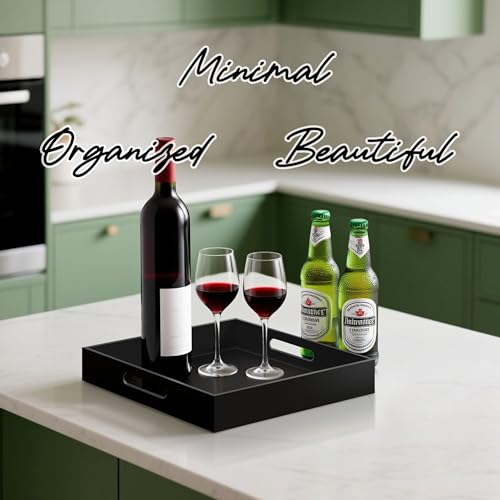 Glossy Black Acrylic Serving Tray with Handles-Butler Trays for Coffee Table, Snacks,Breakfast in Bed, Kitchen Countertop,Vanity,Makeup Organizer,Ottoman (Black, 12x12 Inches) - color: Black, size: 12" x 12" x 2"