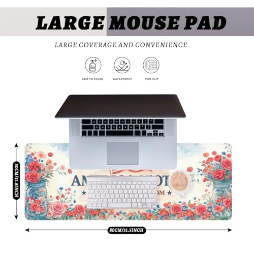 America 250 Gaming Mouse Pad Flowers Floral America Flag Large Gaming Mouse Mat with Stitched Edges,Non-Slip Waterproof Rubber Base Mous Mat 31.5x11.8 Inch - color: America 250, size: 31.5" x 11.8"