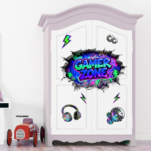 Mfault 3D Gamer Zone Broken Wall Decals Stickers, Video Game Controller Earphone Nursery Decorations Boys Bedroom Art, Cool Gear Lightning Kids Teen Men Gaming Room Playroom Home Decor