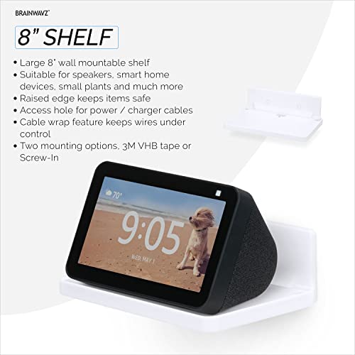 BRAINWAVZ 8” Shelf Wall Mount for Speakers, Security Cameras, Baby Monitors, Plants Toys & More, Floating Shelves, Adhesive & Screw-in (White) - color: 8" White Shelf
