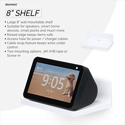 BRAINWAVZ 8” Shelf Wall Mount for Speakers, Security Cameras, Baby Monitors, Plants Toys & More, Floating Shelves, Adhesive & Screw-in (White) - color: 8" White Shelf