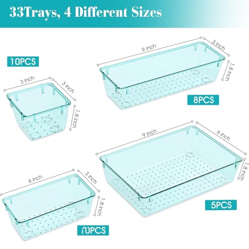 StorMiracle 33 PCS Clear Plastic Drawer Organizers Set, 4 Size Desk Drawer Organizer Trays for Makeup, Jewelry, Kitchen Utensils, Gadgets and Office Accessories, Sea Blue - color: Sea Blue, size: 33 PCS