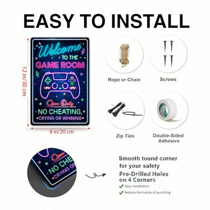 Funny Rinted Neon Gaming Metal Poster for Gaming Room Wall Door Decor for Teen Boy Boyfriend Welcome To The Game Room Sign 8 x 12 Inches