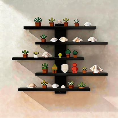 No Drill Floating Shelf for Wall, 5-Tier Wall Mounted Organizer, Damage-Free Display Shelf for Collectibles, Figures, Bathroom Kitchen Storage, Black