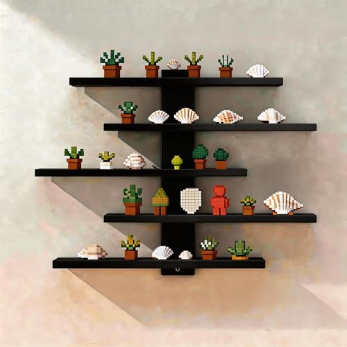 No Drill Floating Shelf for Wall, 5-Tier Wall Mounted Organizer, Damage-Free Display Shelf for Collectibles, Figures, Bathroom Kitchen Storage, Black - color: Black, size: 5-Tier (14.6" x14.6" x 2.4")