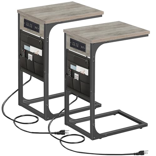 TUTOTAK C Shaped End Table with Charging Station, Side Table for Sofa, Couch Table with Storage Bag, Set of 2, TV Tray Table with 2 USB Ports and Outlets for Living Room, Bedroom, TB01BG0242 - color: Greige, size: 2 Pack (11.8"W), style: With Plug