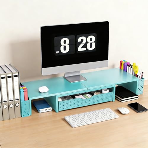 Spacrea Metal Desk Organizers and Accessories, Dual Monitor Stand Riser with Drawer and 2 Pen Holders, Desk Accessories & Workspace Desktop Organizers for Office Supplies (Blue) - color: Blue