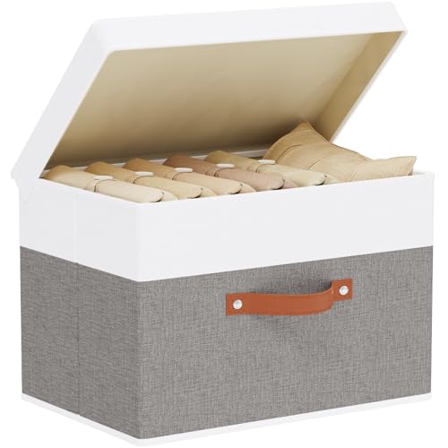 Storage Basket with Lid, Storage Bin, 17.7 x 11.8 x 11.8 Inch Closet Organizer Box with Handles for Bedroom Laundry, White and Grey, 1-Pack - color: White/Grey, size: 17.7x11.8x11.8in(1-Pack)