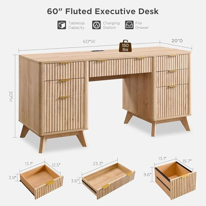 T4TREAM 60'' Fluted Executive Desk with Drawers, Modern Home Office Computer Desk with Charging Station, Keyboard Tray, File Drawer and Storage Cabinet for Study, Living Room, Bedroom, Natural Oak - color: Natural Oak