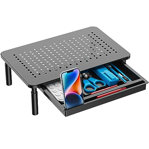 WALI Computer Monitor Stand with Storage, Desk Monitor Riser 3 Height Adjustable, Laptop Riser with Airflow Vents, Desk Organizer for Computer, Laptop, Printer, Notebook (STT003D-B), 1 Pack, Black - color: Metal Black, size: 14.6"L * 9.3"W,11" 1 Drawer