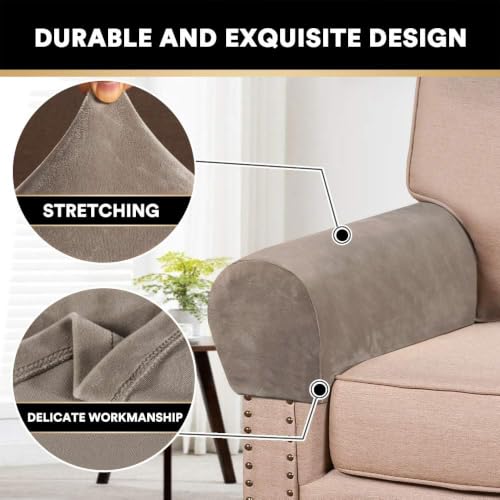 PrinceDeco 4 Pack Thick Velvet Stretch Armrest Covers for Chairs and Sofas Armchair Cover for Arms Couch Arm Covers Armrest Cover for Sofa Non Slip, Taupe - color: Taupe