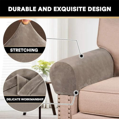 PrinceDeco 4 Pack Thick Velvet Stretch Armrest Covers for Chairs and Sofas Armchair Cover for Arms Couch Arm Covers Armrest Cover for Sofa Non Slip, Taupe - color: Taupe