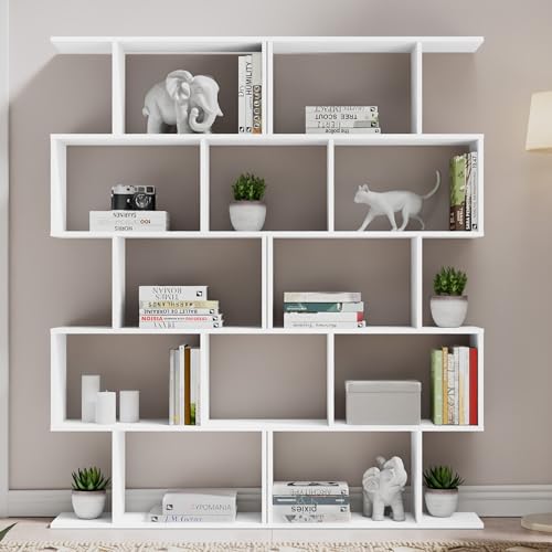 Cozy Castle Set of 2 Geometric Bookcase, S-Shaped Modern Bookshelf, Room Divider Bookshelf, 62" Tall Unique Abstract Bookcase with 5-Tier Display Shelf for Living Room Office, White - color: White