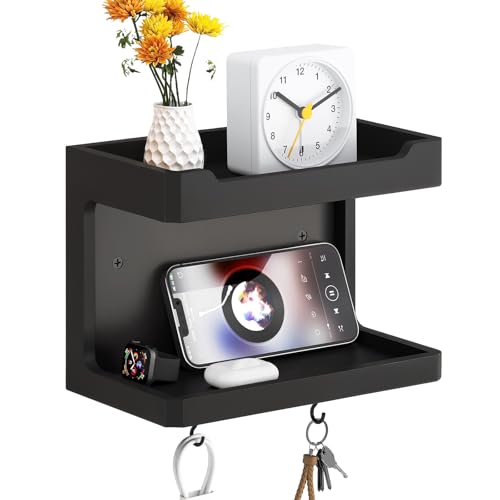 NiHome Large Wall Mounted Wooden Bedside Organizer, Double Storage Shelves & Magnetic Hooks, Solid Wood Bedside Shelf for Phone Glasses Remote Keys, Space-Saving Wall Rack for Bedroom RV Dorm (Black) - color: Black, size: Large