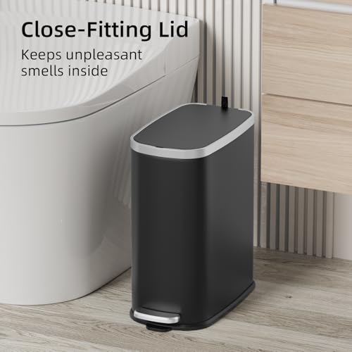 KUK Slim Bathroom Trash Can with Lid Soft Close, Step Pedal, 2.6 Gal/ 10L Stainless Steel Garbage Can with Removable Inner Bucket, Anti-Fingerprint Wastebasket for Office, Bedroom, Toilet (Black) - color: Matt Black-P2