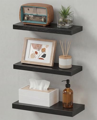 LifetimeWarranty Easy Install Floating Shelves,15.7" Wall Mounted Wooden Shelves, Small Wall Shelves for Storage&Wall Decor,Living Room,Kitchen,Office,Corner Shelf for Photo Book Plants,Set of 3 Black - color: Black Floating, size: 15.7 Inch