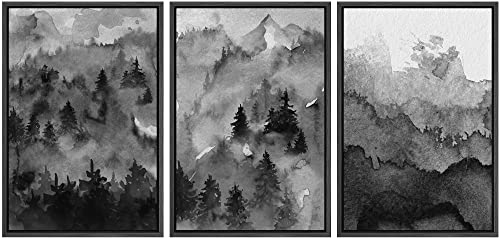 NWT Framed Canvas Print Wall Art Set Pastel Watercolor Dark Mountain Forest Nature Wilderness Illustrations Modern Art Decorative Landscape Rustic for Living Room, Bedroom, Office - 16"x24"x3 Black - color: A002-2206-yuk19, size: 16" x 24" x 3 Panels BLAC