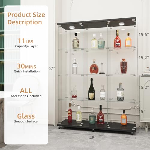 Beauty4U Glass Display Cabinet with LED Lights, Extra Large 3 Columns 2 Doors Curio Cabinets with 12 Shelves for Living Room, Bedroom, Office, Black Floor Standing DIY Glass Bookshelf - color: Black-led, size: 3-Column 12-Shelf