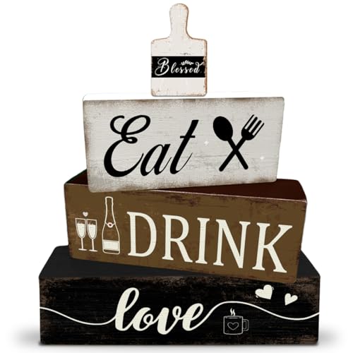 4 Pcs Farmhouse Kitchen Table Decoration Wooden Tiered Tray Decor Rustic Plate Tableware Centerpiece Block Sign for Kitchen Dinging Room Shelf Desk Decoration - color: Drink