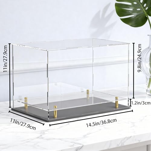 Acrylic Display Case for Collectibles, Dustproof Acrylic Box with Clear Display Elevation & Gold Risers, Large Display Case for Figures Toys Memorabilia, 14.5" L x 11" W x 11" H - size: 14.5"L x 11"W x 11"H