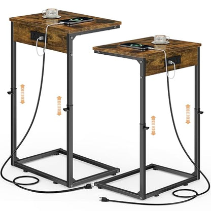 Vagusicc C Shaped End Tables Set of 2 with Charging Station, 33.2'' Tall C Table Adjustable Height Side Table, Small Side Table for Small Spaces, Couch Sofa Table TV Tray for Living Room, Rustic Brown - color: Rustic Brown (2 Pack), style: With Plug