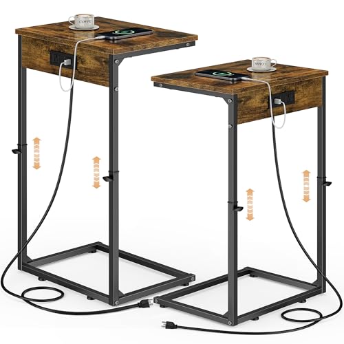 Vagusicc C Shaped End Tables Set of 2 with Charging Station, 33.2'' Tall C Table Adjustable Height Side Table, Small Side Table for Small Spaces, Couch Sofa Table TV Tray for Living Room, Rustic Brown - color: Rustic Brown (2 Pack), style: With Plug