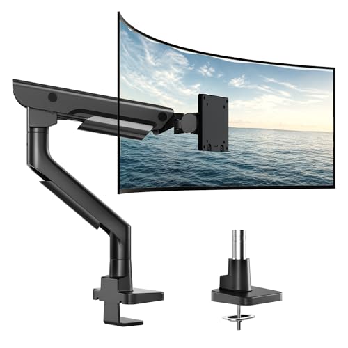 monTEK Sleek Aluminum Monitor Arm for 17–57” Ultrawide Screens up to 59.4 lbs, Heavy Duty Single Monitor Arm Desk Mount, Pneumatic Lift, Quick-Release Plate, Clamp/Grommet, Max VESA 100x100 - color: Black, size: Single Arm without USB