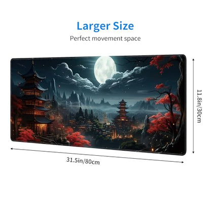 Japanese Full Moon Large Mouse Pad,Gaming Keyboard Desk Pad,Extended Mouse Mat Non-Slip Rubber Base with Stitched Edges for Office Game Home XL 31.5"x11.8" - color: Japanese Moon, size: 31.5L x 11.8W inches