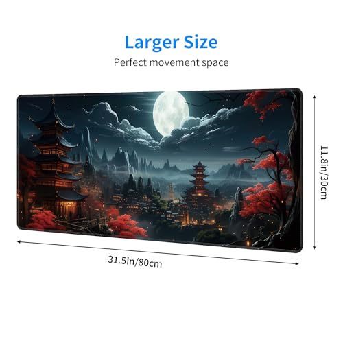 Japanese Full Moon Large Mouse Pad,Gaming Keyboard Desk Pad,Extended Mouse Mat Non-Slip Rubber Base with Stitched Edges for Office Game Home XL 31.5"x11.8" - color: Japanese Moon, size: 31.5L x 11.8W inches