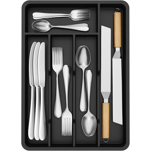 Lifewit Silverware Drawer Organizer Tray, Plastic Cutlery Storage for Kitchen, Flatware and Utensil Holder Divider for Spoons Forks Knives Tableware, 9.5 x 13.4", 5 Slots, Black - color: Black, size: 9.5 x 13.4 inch (5 Slots)