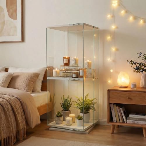 Glass Display Cabinet with Rotating Base, Curio Cabinet with LED Light, 2-Shelf Tempered Glass Display Case for Collectibles, Curio Display Cabinet for Living Room, Home Decor, White - color: White, size: 1-Door 2-shelf-LED-Rotation