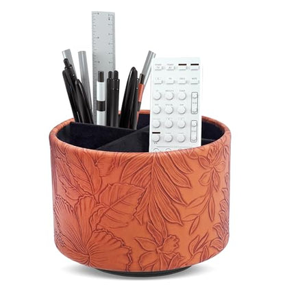 Round Leather Art Supply Organizer,Remote Control Holder,360 Degree Spinning,Multi-Functional Pencil Holder,4 Compartments Desktop Stationary Organizer(1-Carved Brown) - color: 1-Carved Brown