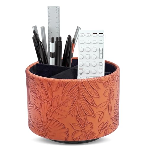 Round Leather Art Supply Organizer,Remote Control Holder,360 Degree Spinning,Multi-Functional Pencil Holder,4 Compartments Desktop Stationary Organizer(1-Carved Brown) - color: 1-Carved Brown