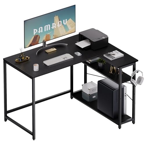Pamray 43 Inch L Shaped Computer Desk with Reversible Side Storage Shelves, Small Corner Desk for Small Space Home Office,Writing Study Table Gaming PC Desk for Bedroom,Black - color: Black, size: 43 Inch