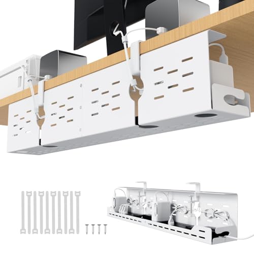 Univivi Under Desk Cable Management Tray - 32" Steel Cord Organizer, No-Drill C-Clamp & Screw Mount for Office/Home, Effortless Wire Management (White) - color: White, size: 32"