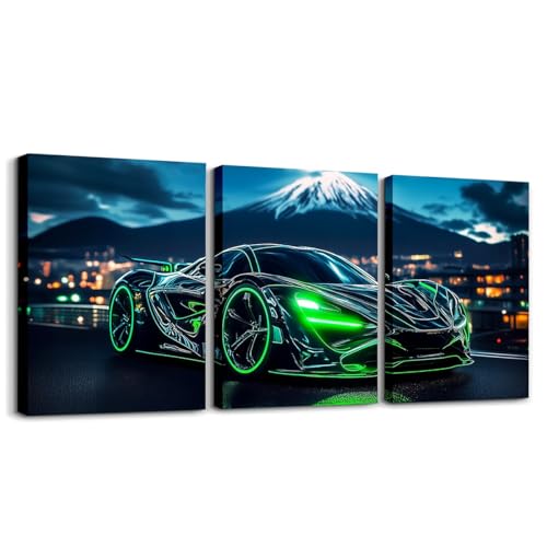 Green Race Car Canvas Wall Art Set of 3 for Boys,3D Emerald Green Racing Car Wall Art for Kids Teen,Cool Speed Cars Decor for Men Adults Extreme Sports Gaming Poster Prints,12x16 - color: Green Black