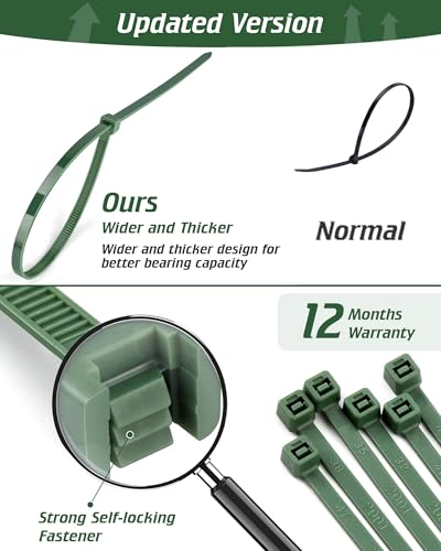 Premium PA66 Green Zip Ties 200 Pack, Heavy Duty Assorted Sizes | 22-55lb Strength, UV Resistant, 12+10+8+4 Inch Self-locking, for Garden Plants Floral Arrangements Holiday Lights - color: Dark Green, size: 4+8+10+12 inch (200 pcs)