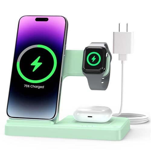 Wireless Charger Stand Charging Station: 3 in 1 Charger Multiple Devices for Apple iPhone 17 16e 16 15 14 Pro Max 13 12 11 for Watch 11 10 9 8 7 6 5 4 3 2 SE and Ultra & Airpods Series, Light Green - color: Light Green