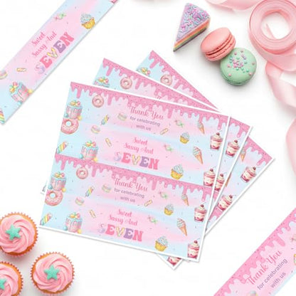 Donut 7th Birthday Decorations For Girls, 52Pcs Sweet Sassy And Seven Water Bottle Labels Donut And Ice Cream Party Wraps, Candy Theme Drink Stickers For Birthday Table Setup And Party Favors