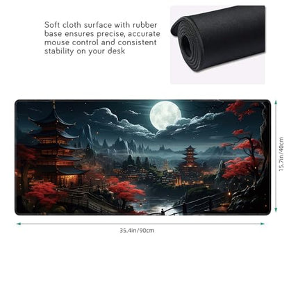 Japanese Full Moon Large Mouse Pad,Gaming Keyboard Desk Pad,Extended Mouse Mat Non-Slip Rubber Base with Stitched Edges for Office Game Home XXL 35.4"x15.7" - color: Japanese Moon, size: 35.4L x 15.7W inches