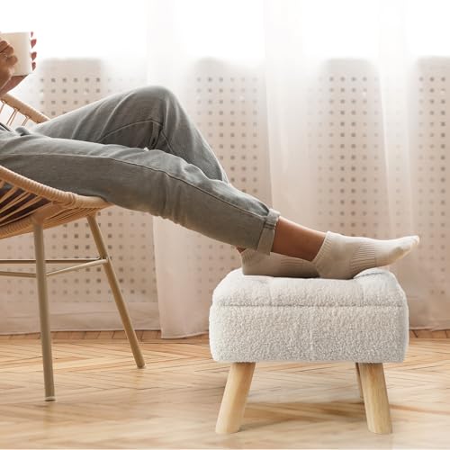 OGEMXU Storage Ottoman, Small Foot Stool Ottoman with Storage, Boucle Teddy Velvet Foot Rest with Padded Seat, Sturdy Wood Legs Stool for Living Room, Bedroom, Couch, Enterway (Cream) - color: Cream