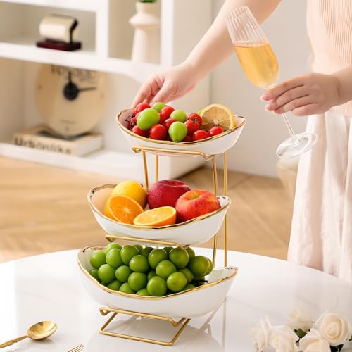 Gold Silver Fruit Bowl with Metal Stand, 3 Tier Ceramic White Fruit Bowl Fruit Rack for Kitchen Counter, Tiered Fruit Basket for Snacks Bread Candy Storage (White A (Smooth Surface)) - color: White A (Smooth Surface)