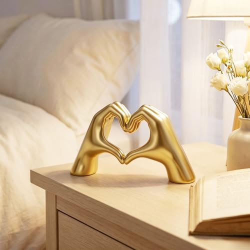 Gold Hand Heart Sculpture Home Decor for Living Room Bedroom Office Large | Resin Heart Gesture Statue Gifts Merch for Women Girls Wedding Birthday Love Finger Statue for Shelf Bookshelf Coffee Table - size: Large
