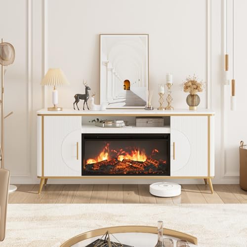 Fluted Fireplace TV Stand Up to 80" TVs, Modern Entertainment Center with 30" Electric Fireplace, Luxury Media Console with Adjustable Shelves for Living Room, White - color: White