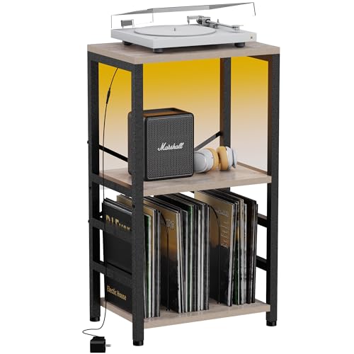 YAKANJ End Table with LED Light,Record Player Stand with Albums Storage,Vinyl Records Storage,Turntable Stand Side Table for Music Room Studio Living Room Bedroom-Greige - color: Greige